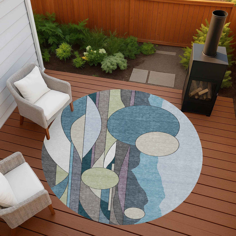 8' Teal Blue Ivory And Green Round Geometric Washable Indoor Outdoor Area Rug