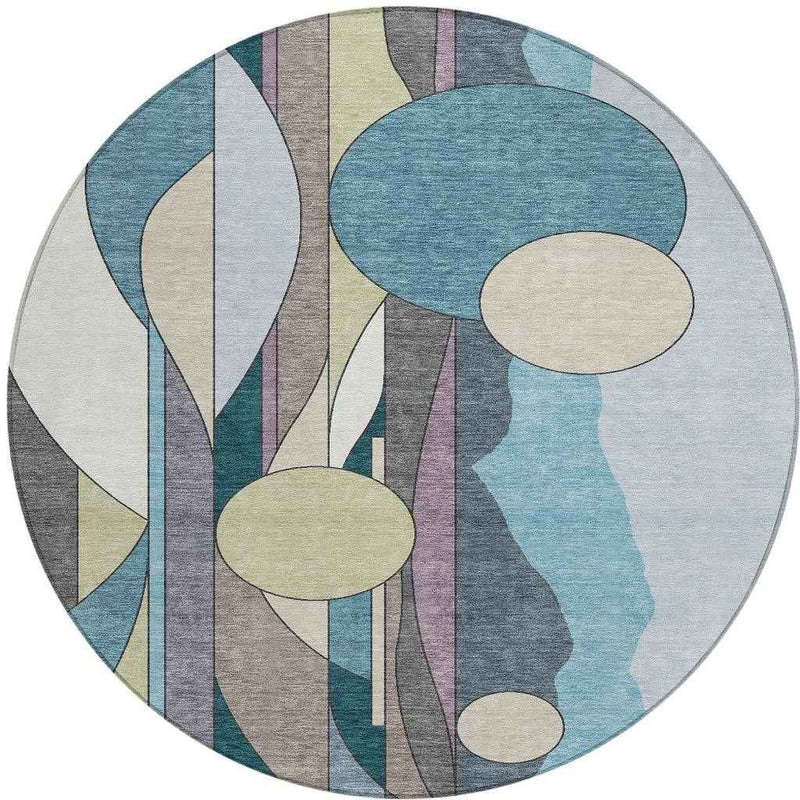 8' Teal Blue Ivory And Green Round Geometric Washable Indoor Outdoor Area Rug