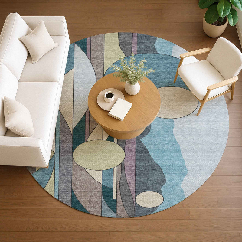 8' Teal Blue Ivory And Green Round Geometric Washable Indoor Outdoor Area Rug