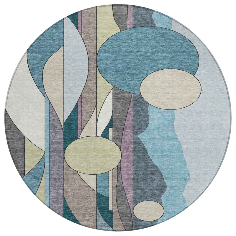 8' Teal Blue Ivory And Green Round Geometric Washable Indoor Outdoor Area Rug