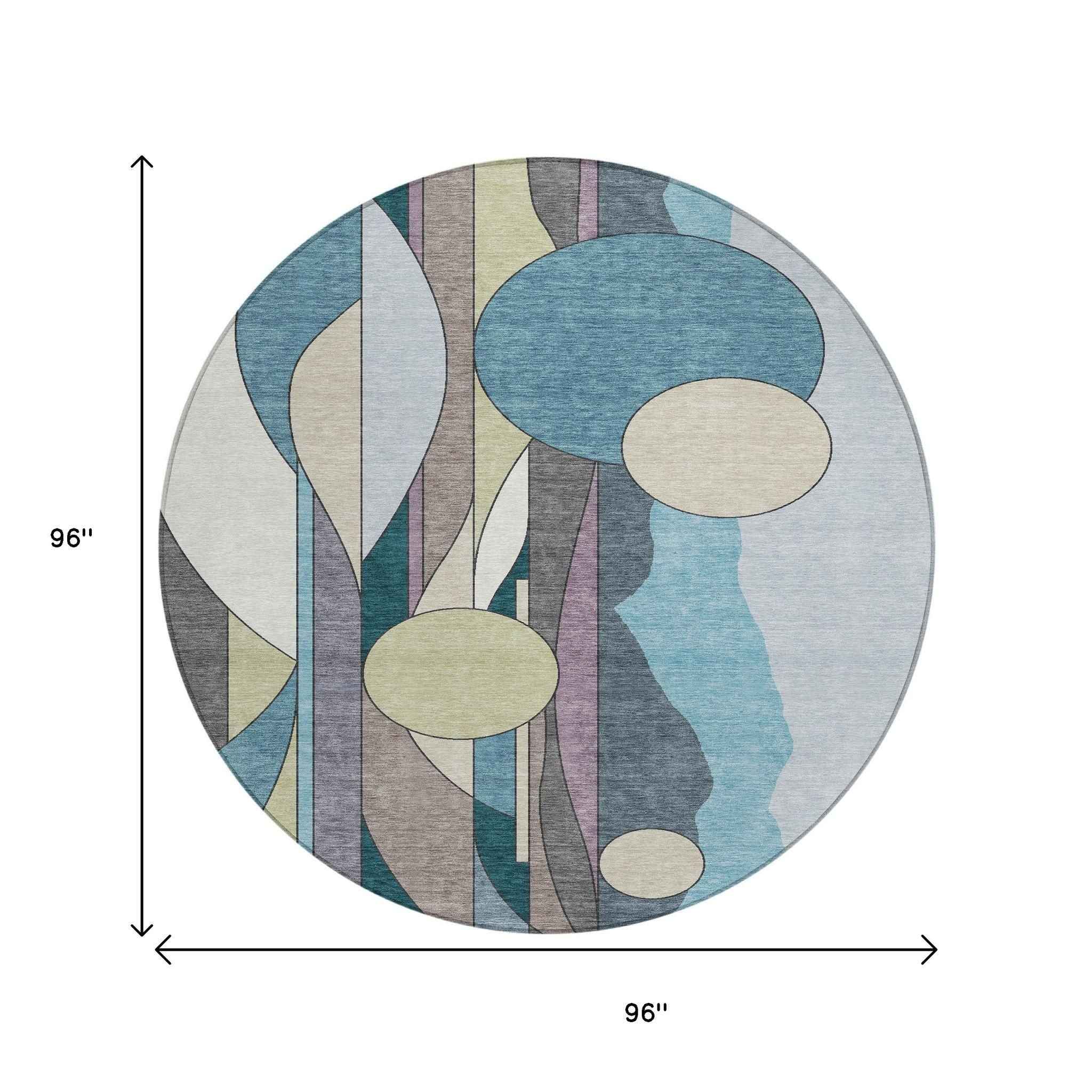 8' Teal Blue Ivory And Green Round Geometric Washable Indoor Outdoor Area Rug