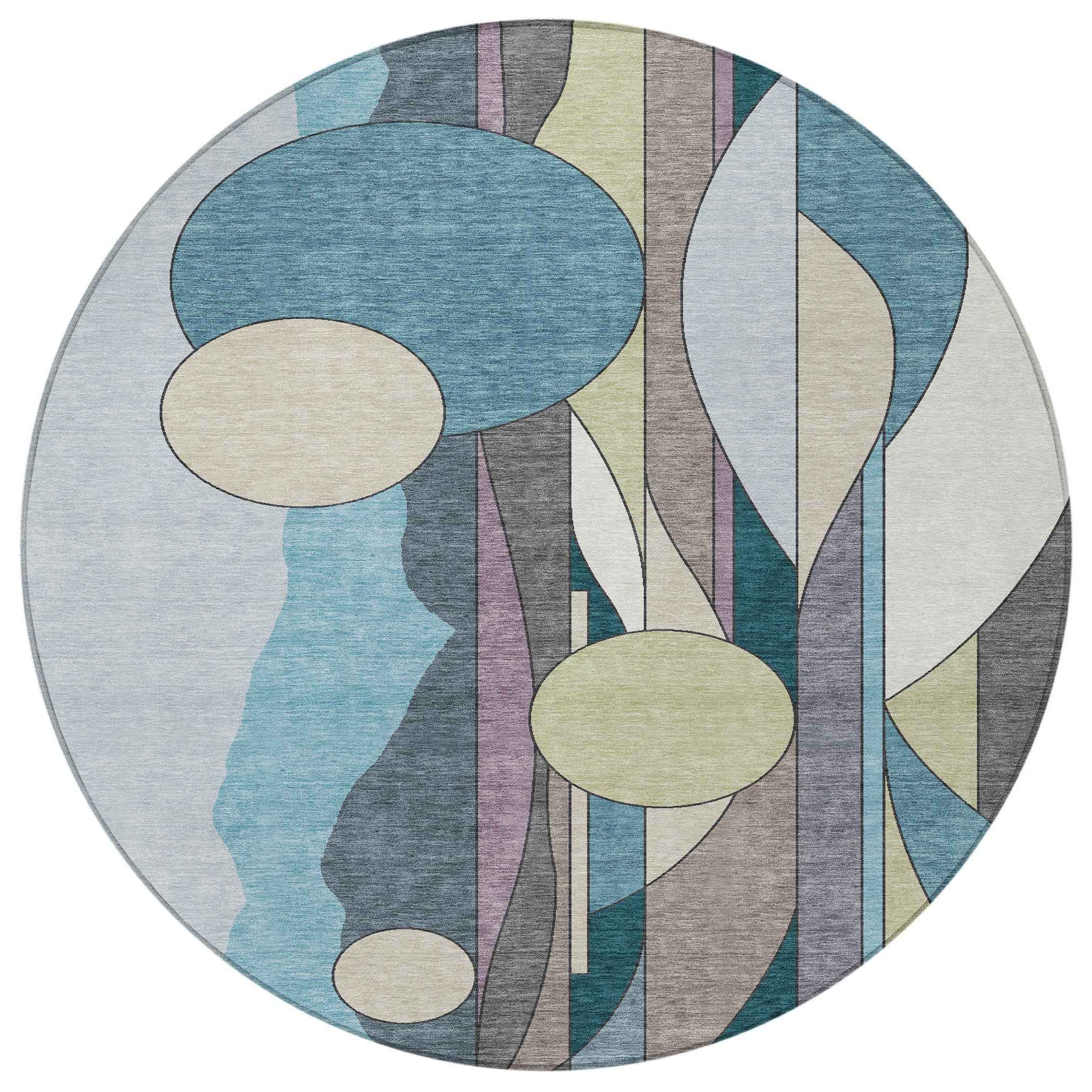 8' Teal Blue Ivory And Green Round Geometric Washable Indoor Outdoor Area Rug