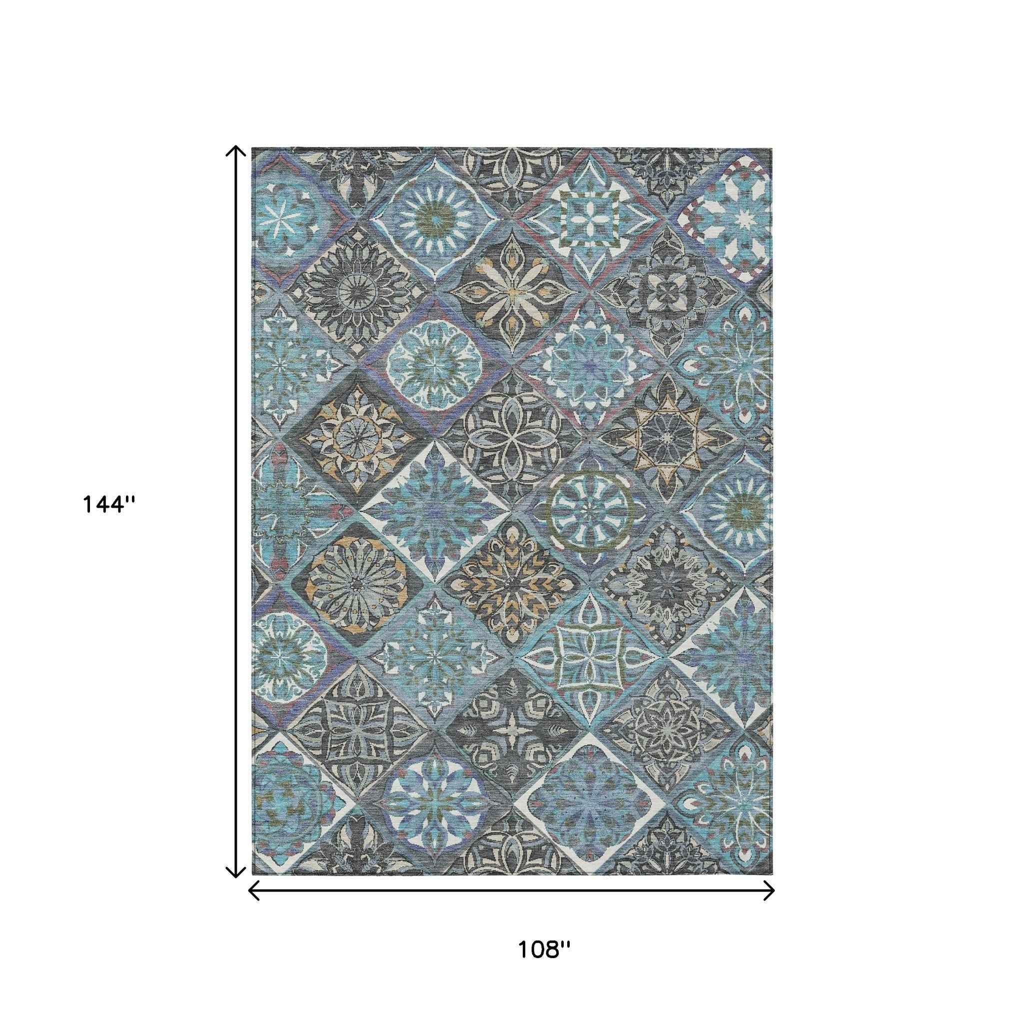 9' X 12' Teal Blue And Ivory Patchwork Washable Indoor Outdoor Area Rug