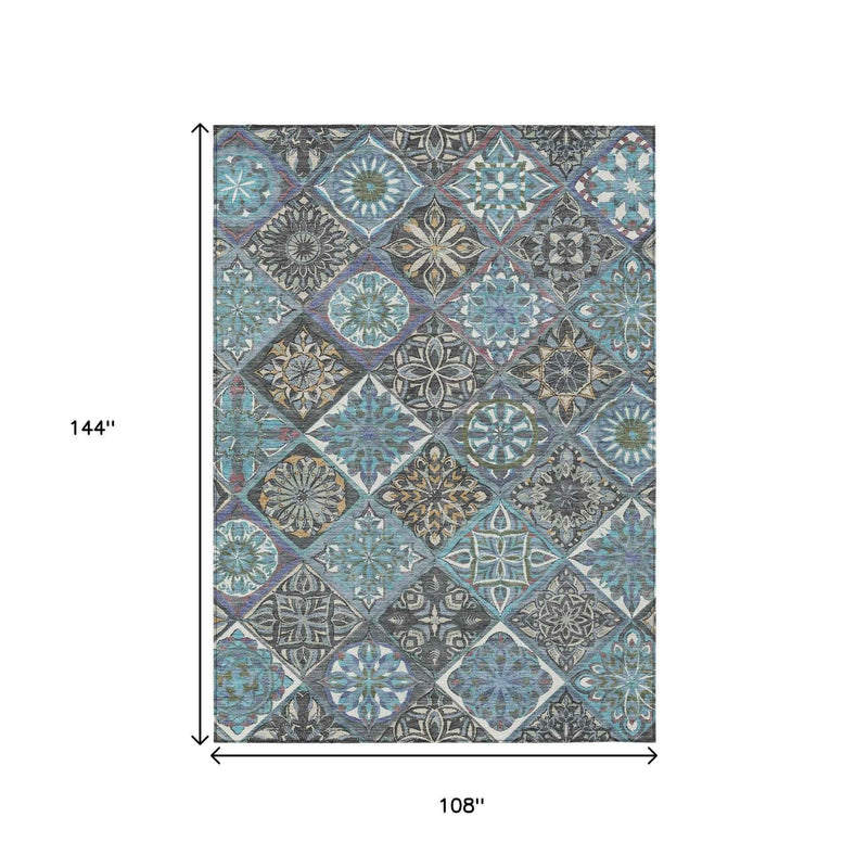 9' X 12' Teal Blue And Ivory Patchwork Washable Indoor Outdoor Area Rug