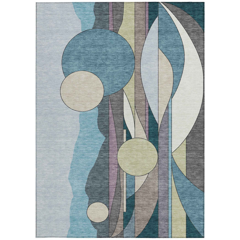 5' X 8' Teal Blue Ivory And Green Geometric Washable Indoor Outdoor Area Rug