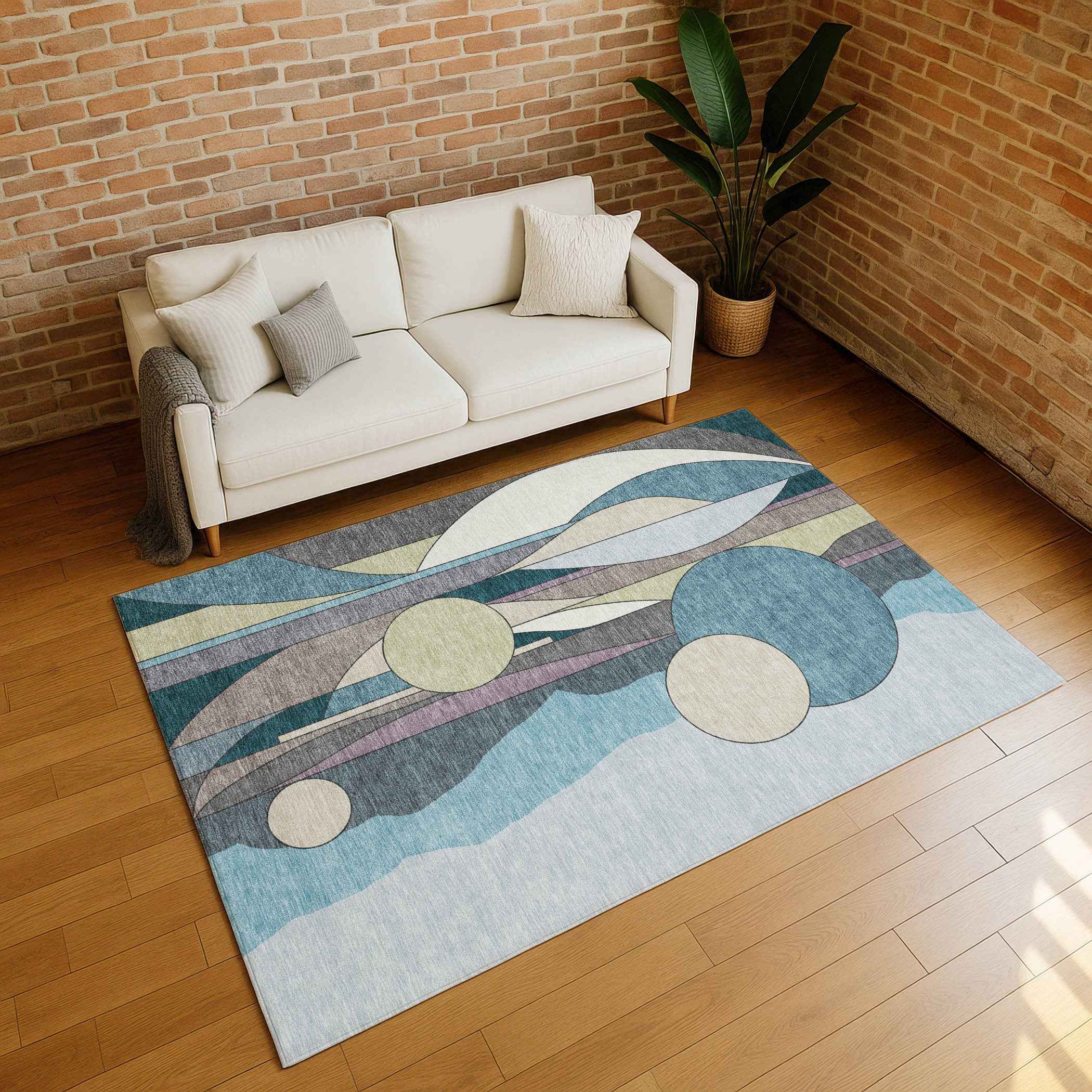 5' X 8' Teal Blue Ivory And Green Geometric Washable Indoor Outdoor Area Rug