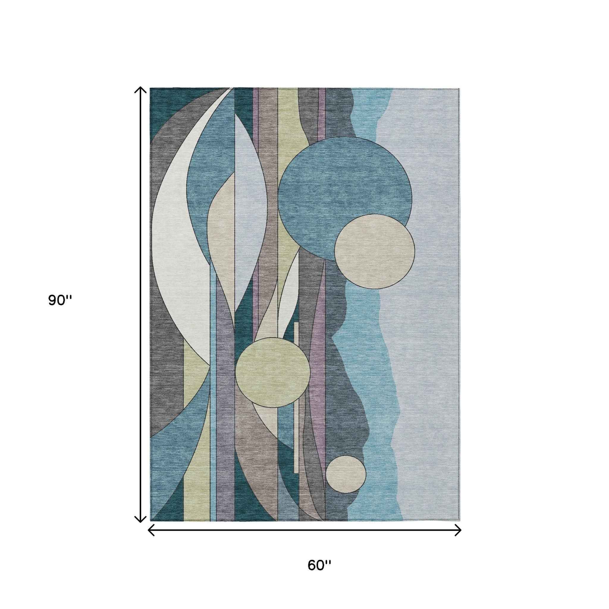 5' X 8' Teal Blue Ivory And Green Geometric Washable Indoor Outdoor Area Rug