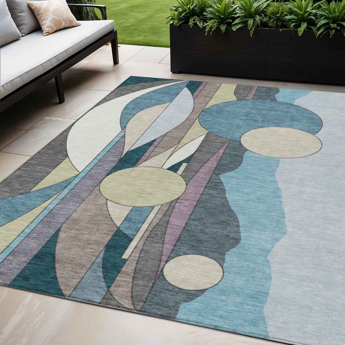 5' X 8' Teal Blue Ivory And Green Geometric Washable Indoor Outdoor Area Rug