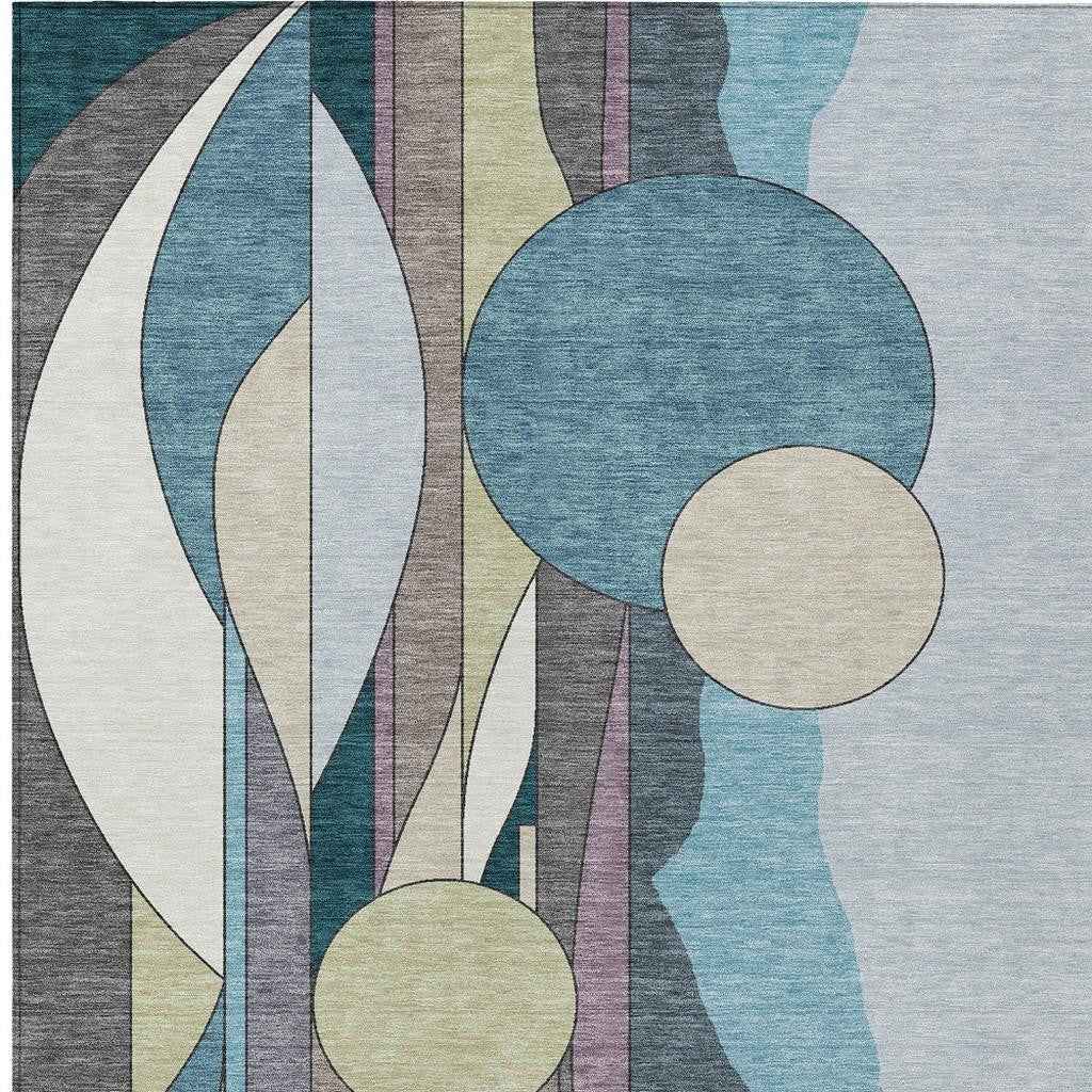 5' X 8' Teal Blue Ivory And Green Geometric Washable Indoor Outdoor Area Rug