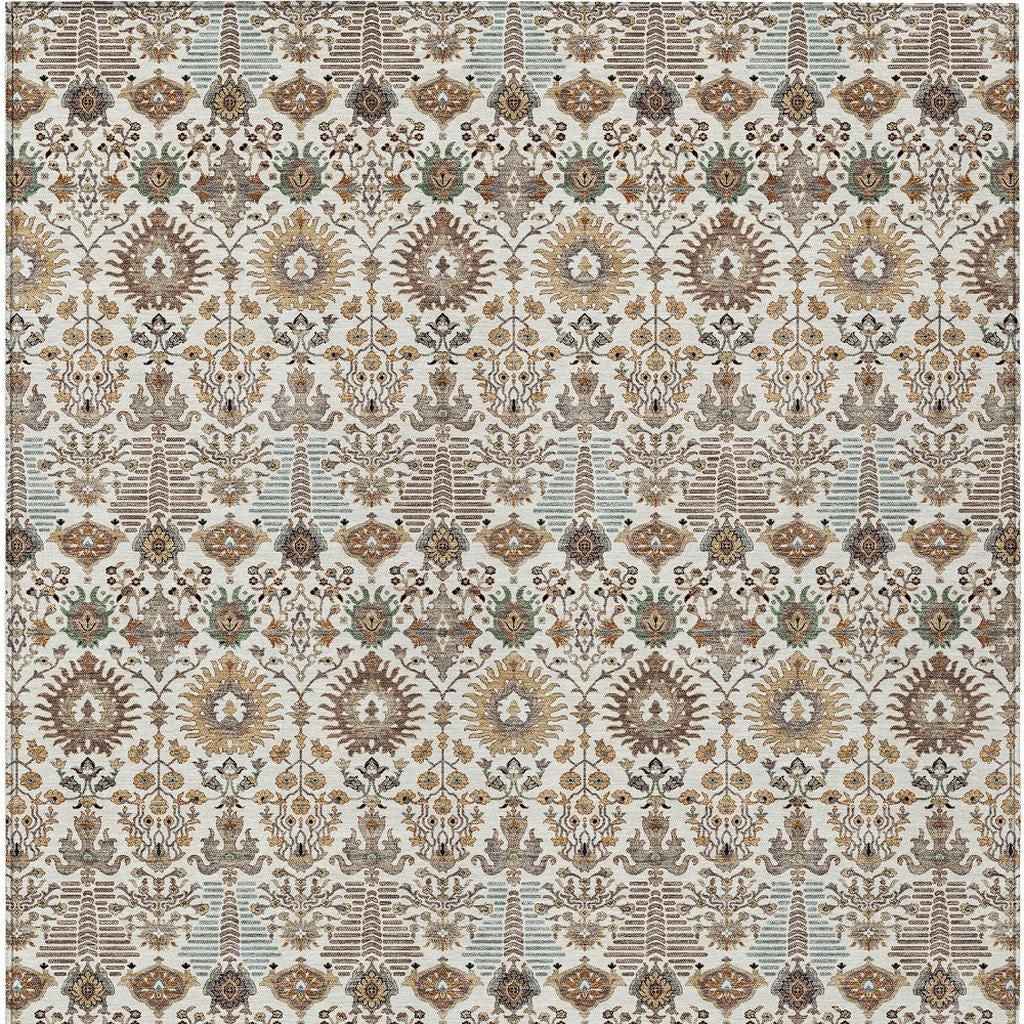 9' X 12' Ivory And Brown Floral Washable Indoor Outdoor Area Rug