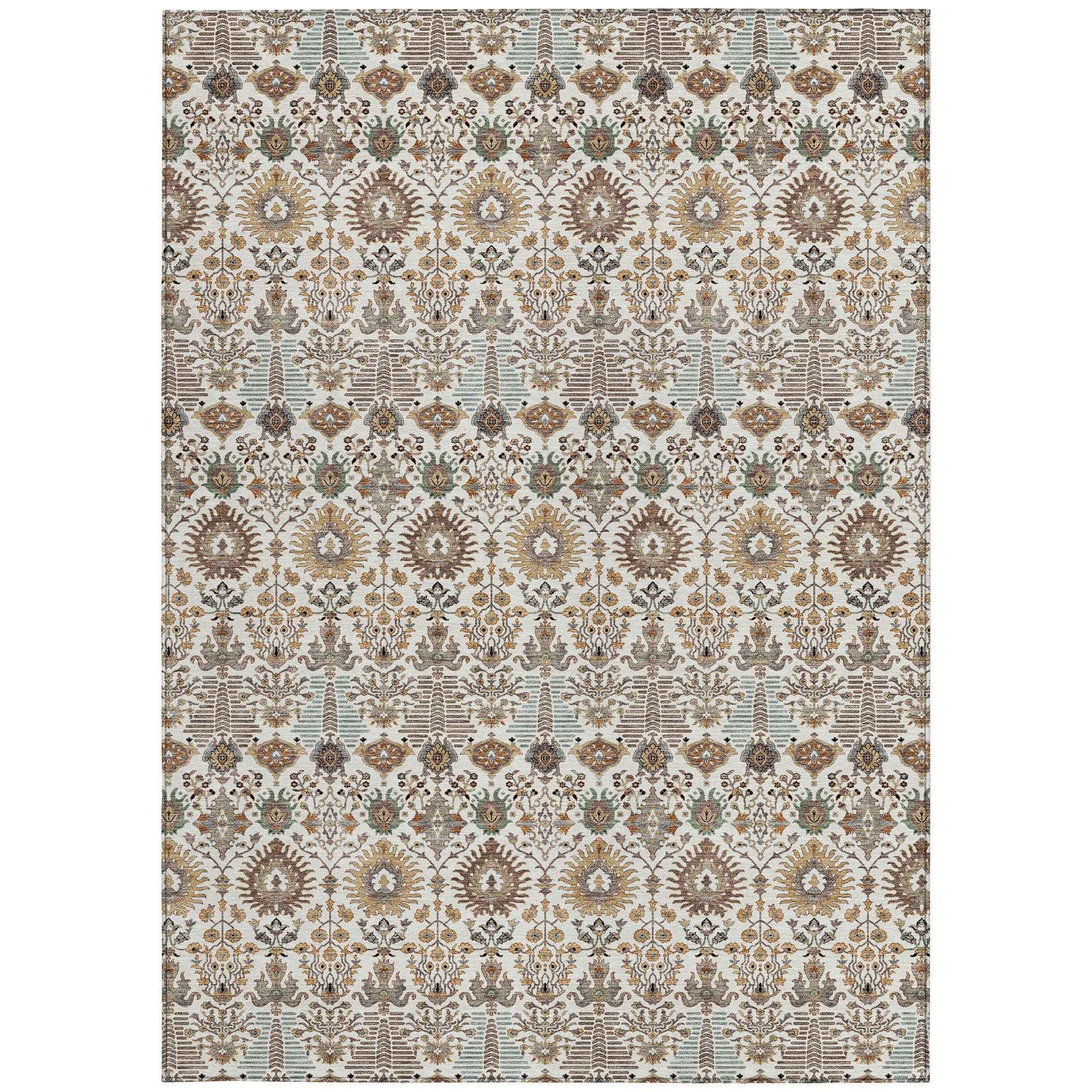 9' X 12' Ivory And Brown Floral Washable Indoor Outdoor Area Rug