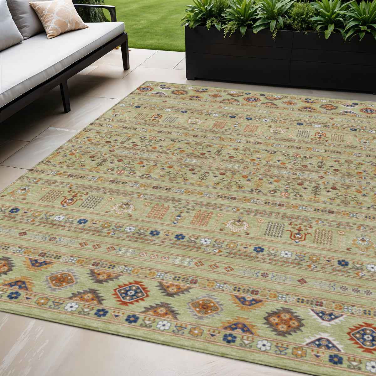 5' X 8' Artichoke Green Blue And Copper Tribal Washable Indoor Outdoor Area Rug