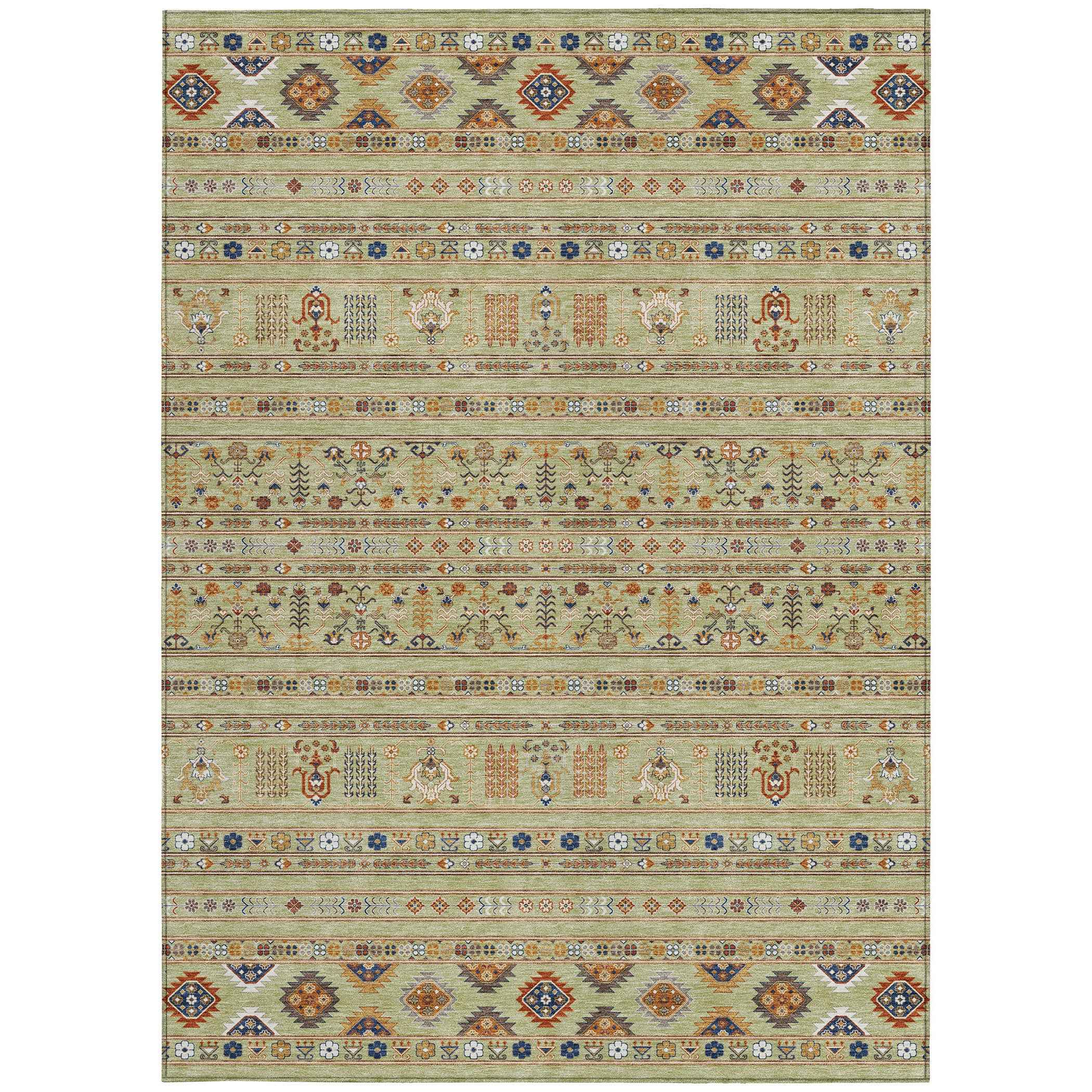 5' X 8' Artichoke Green Blue And Copper Tribal Washable Indoor Outdoor Area Rug