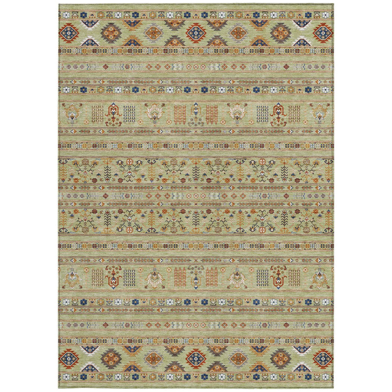 5' X 8' Artichoke Green Blue And Copper Tribal Washable Indoor Outdoor Area Rug