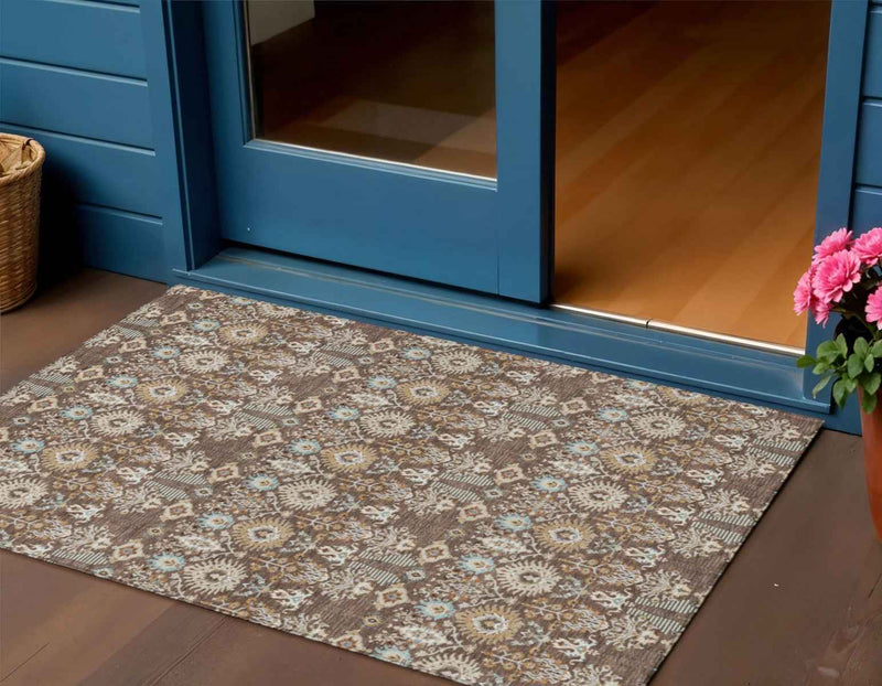 3' X 5' Brown And Beige Floral Washable Indoor Outdoor Area Rug