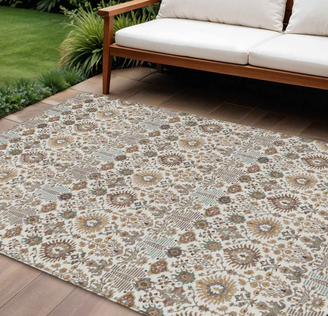9' X 12' Ivory And Brown Floral Washable Indoor Outdoor Area Rug