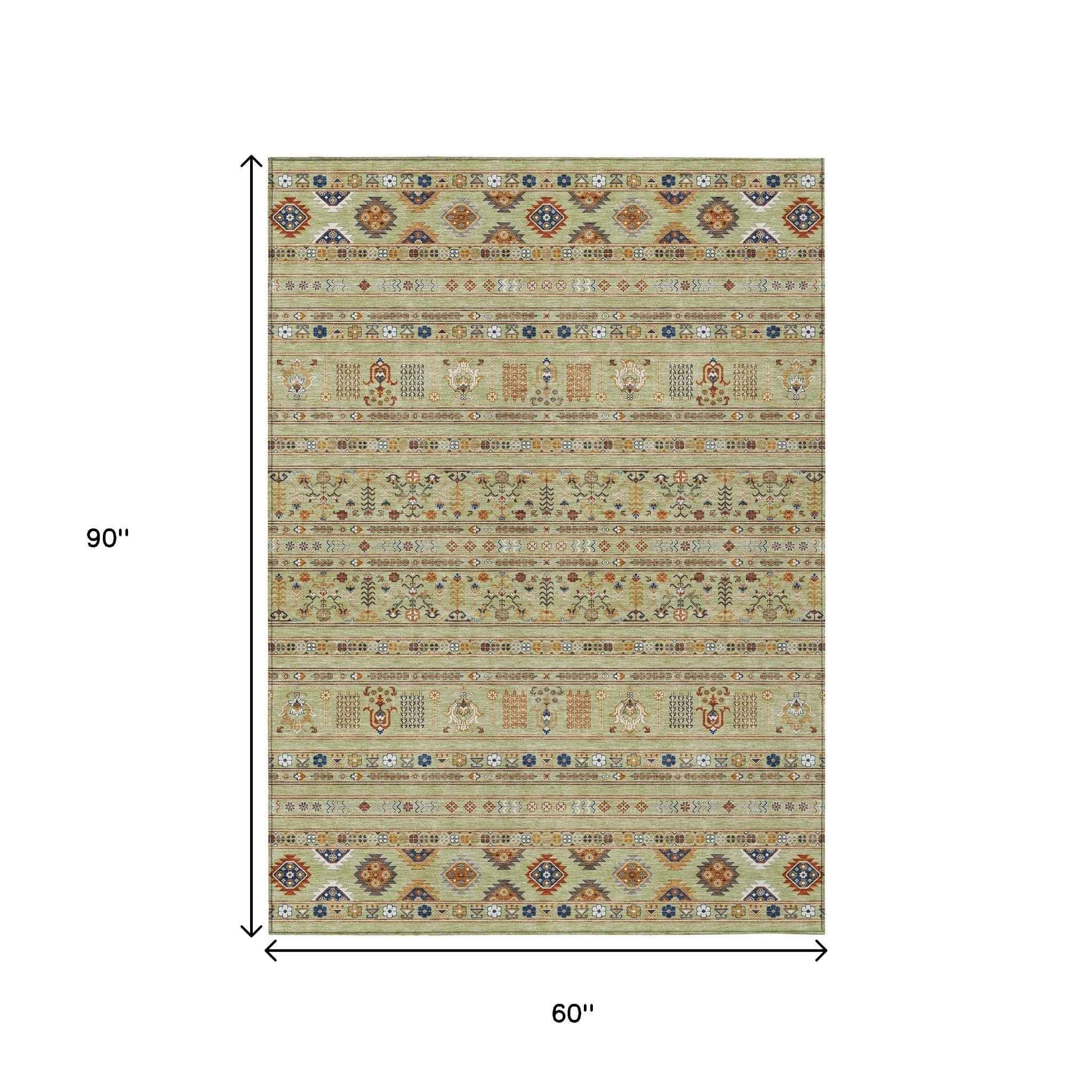 5' X 8' Artichoke Green Blue And Copper Tribal Washable Indoor Outdoor Area Rug