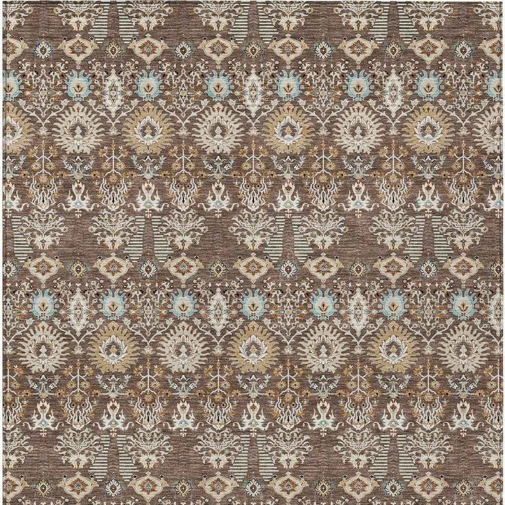 3' X 5' Brown And Beige Floral Washable Indoor Outdoor Area Rug