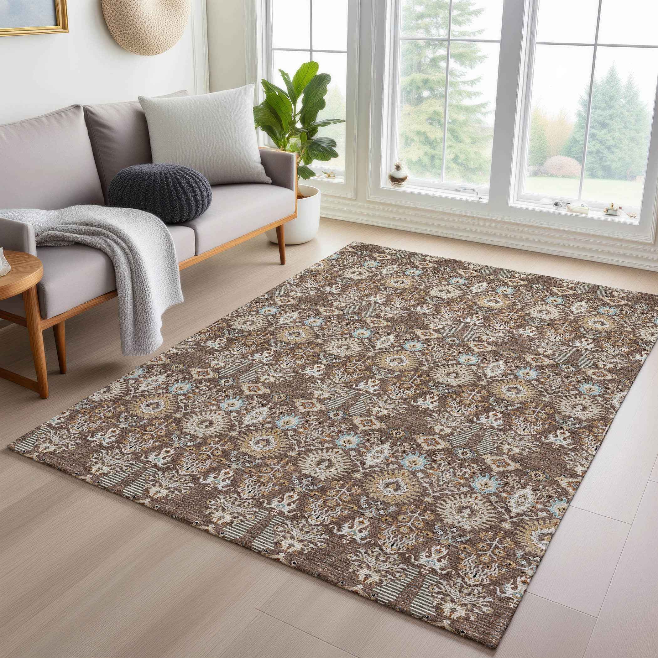 3' X 5' Brown And Beige Floral Washable Indoor Outdoor Area Rug