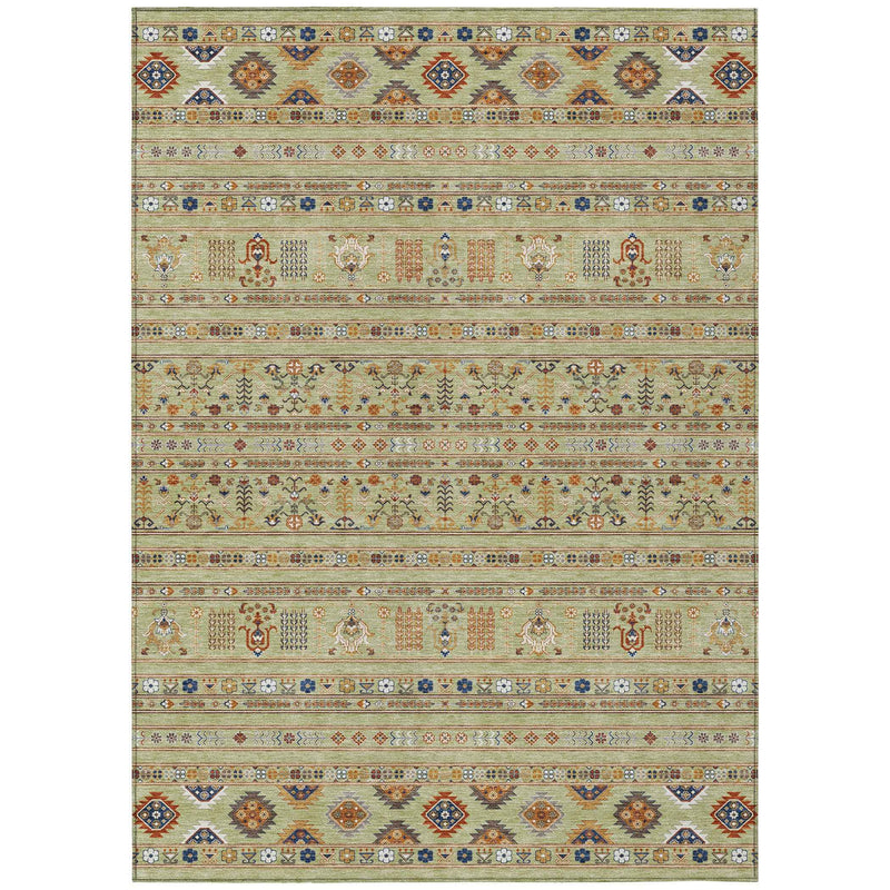 5' X 8' Artichoke Green Blue And Copper Tribal Washable Indoor Outdoor Area Rug