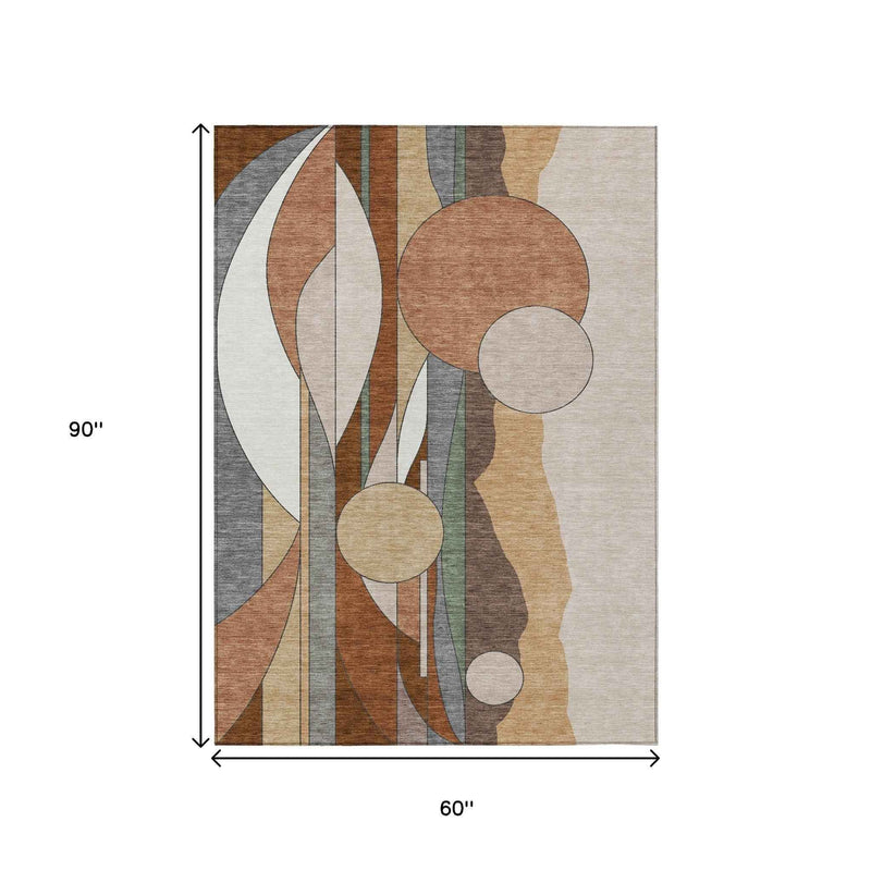 5' X 8' Copper And Ivory Geometric Washable Indoor Outdoor Area Rug