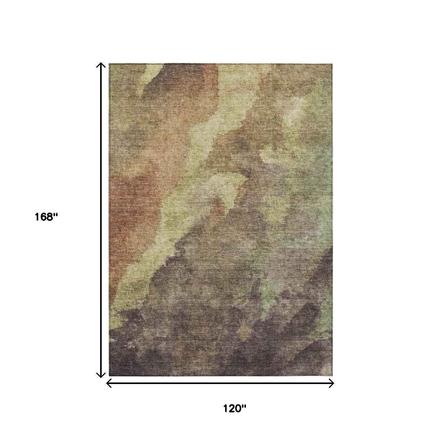 10' X 14' Brown And Fern Green Abstract Washable Indoor Outdoor Area Rug