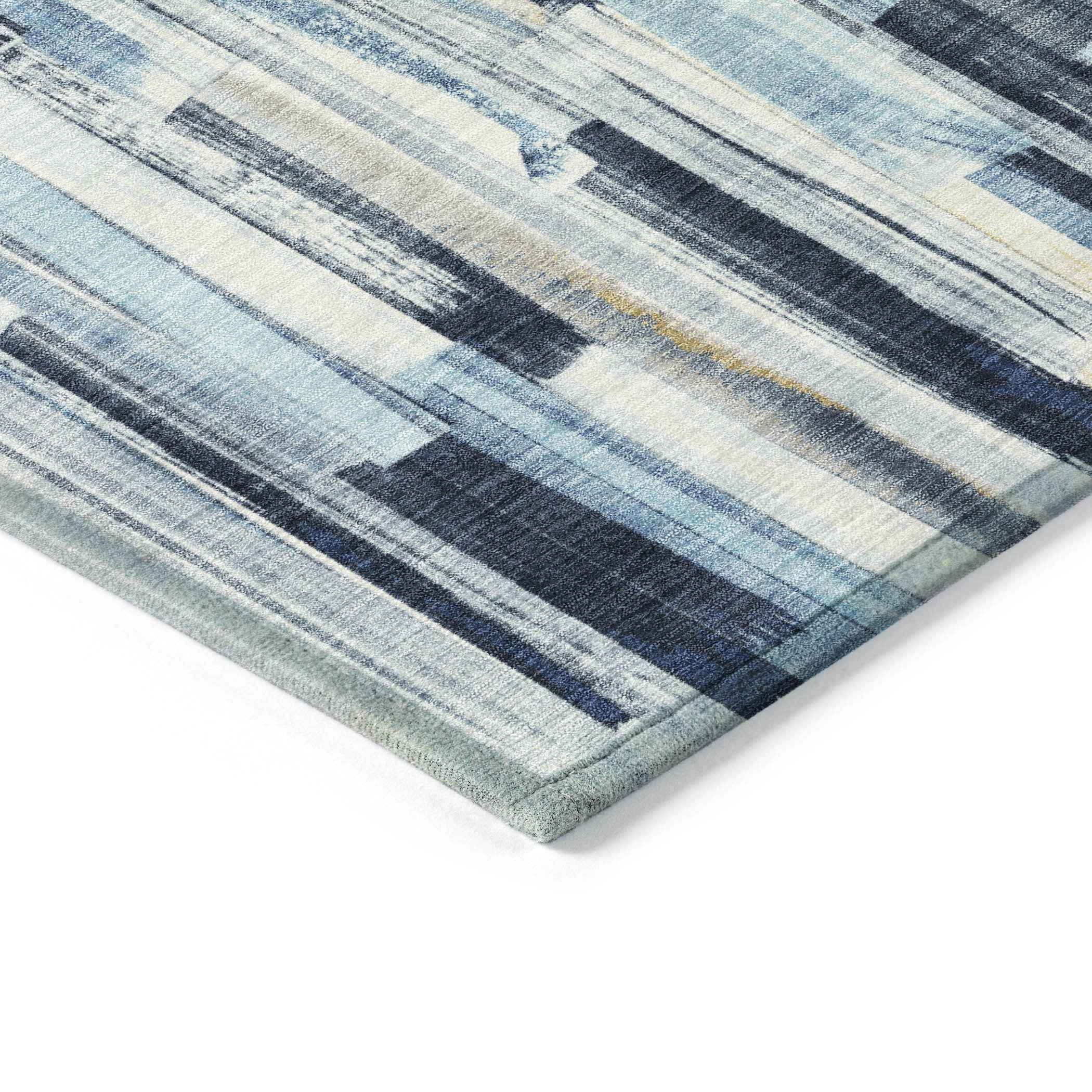 8' X 10' Denim Blue And Ivory Striped Washable Indoor Outdoor Area Rug