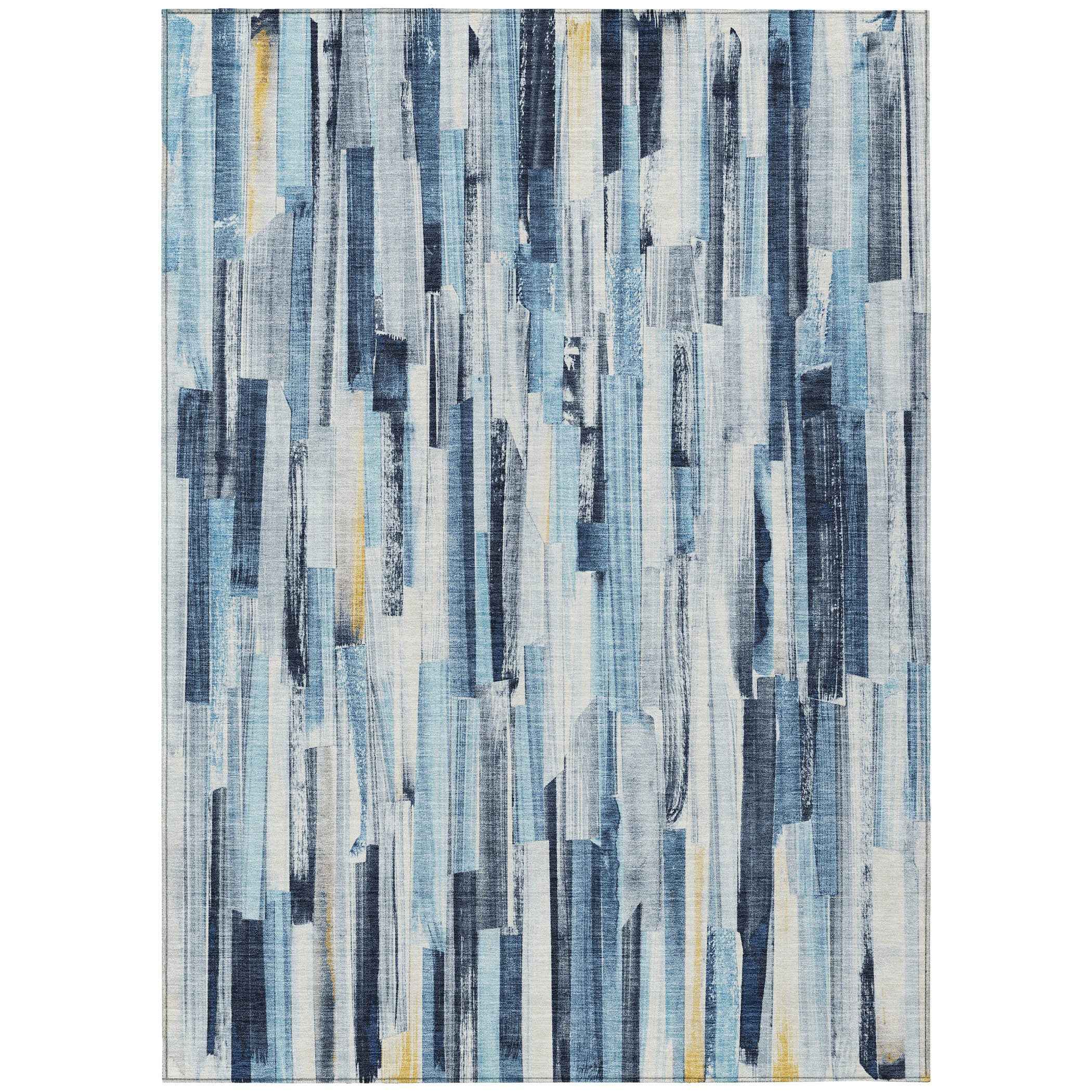 8' X 10' Denim Blue And Ivory Striped Washable Indoor Outdoor Area Rug