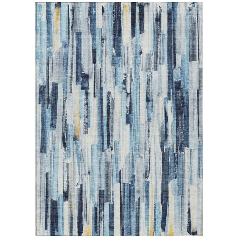 8' X 10' Denim Blue And Ivory Striped Washable Indoor Outdoor Area Rug