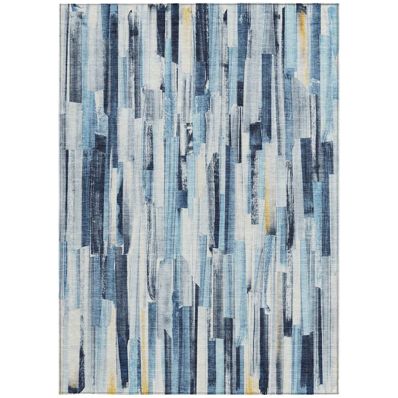 8' X 10' Denim Blue And Ivory Striped Washable Indoor Outdoor Area Rug