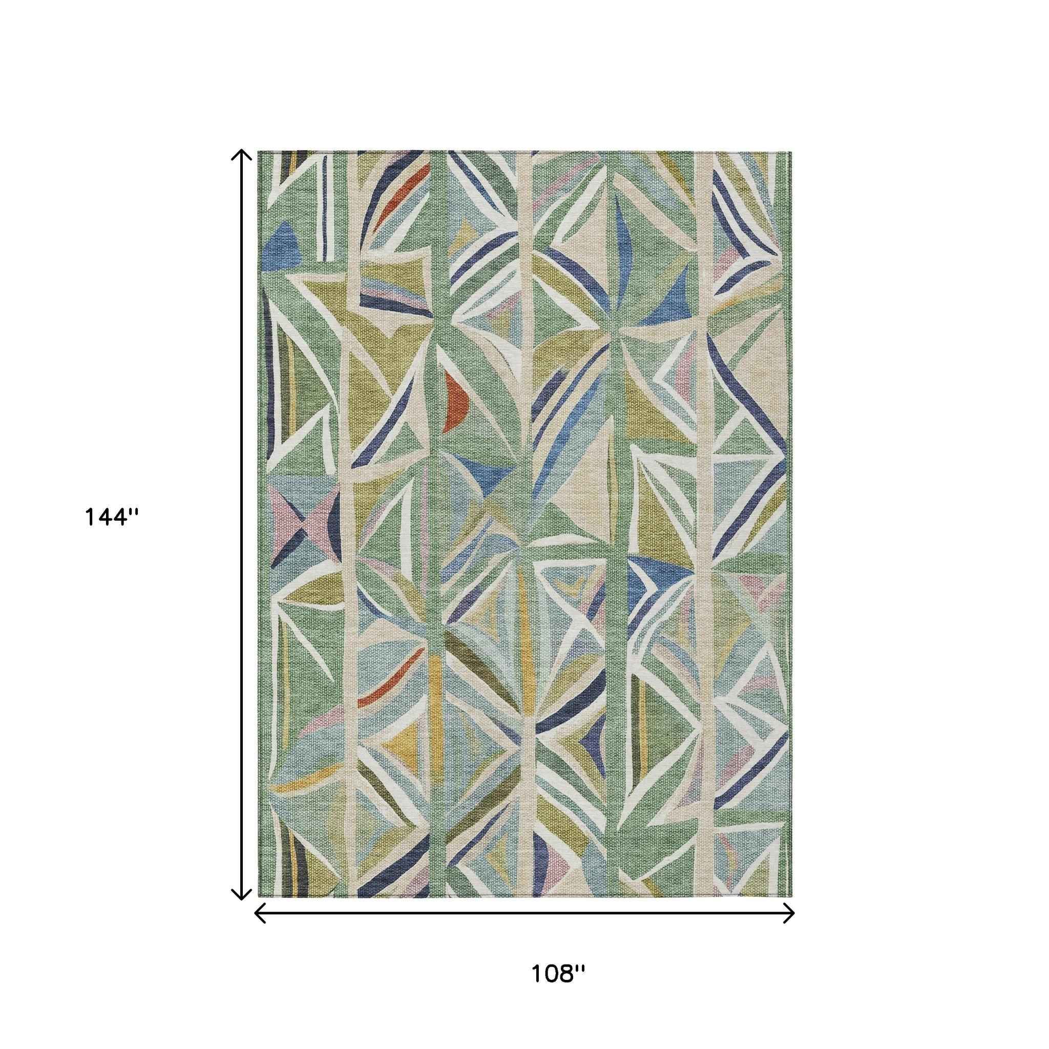 9' X 12' Sage Blue And Ivory Geometric Washable Indoor Outdoor Area Rug