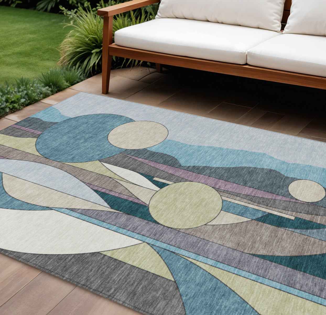 9' X 12' Teal Blue Ivory And Green Geometric Washable Indoor Outdoor Area Rug