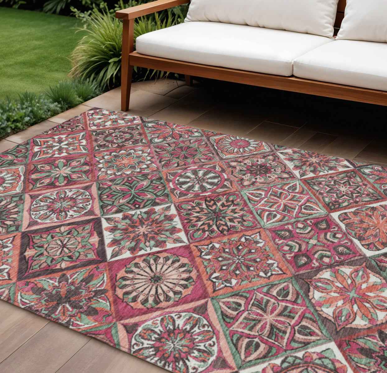 8' X 10' Blush And Green Patchwork Washable Indoor Outdoor Area Rug