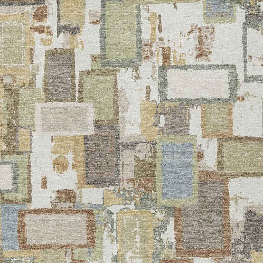 3' X 5' Ivory Gold And Blue Geometric Washable Indoor Outdoor Area Rug