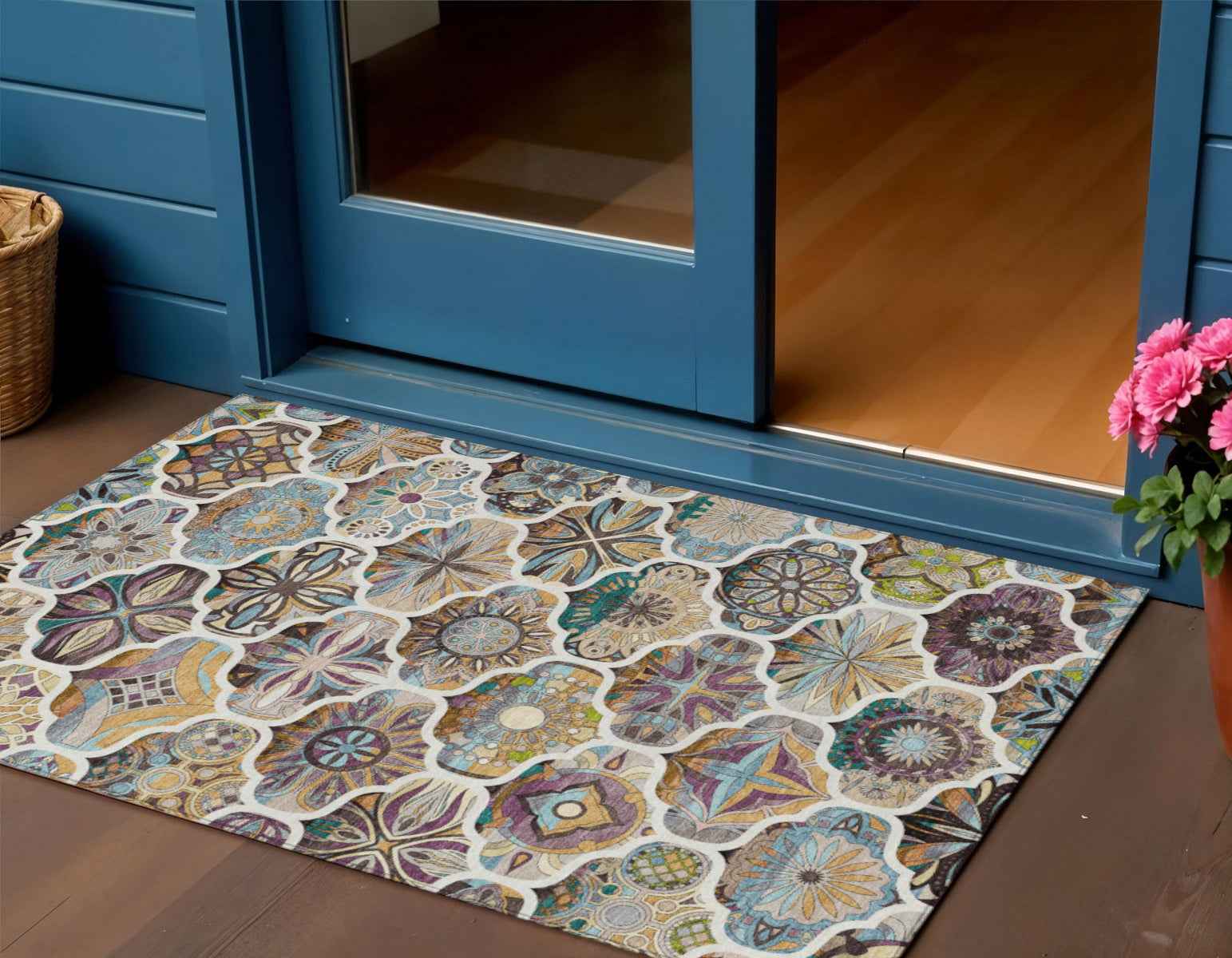 3' X 5' Beige Teal Blue And Copper Quatrefoil Washable Indoor Outdoor Area Rug
