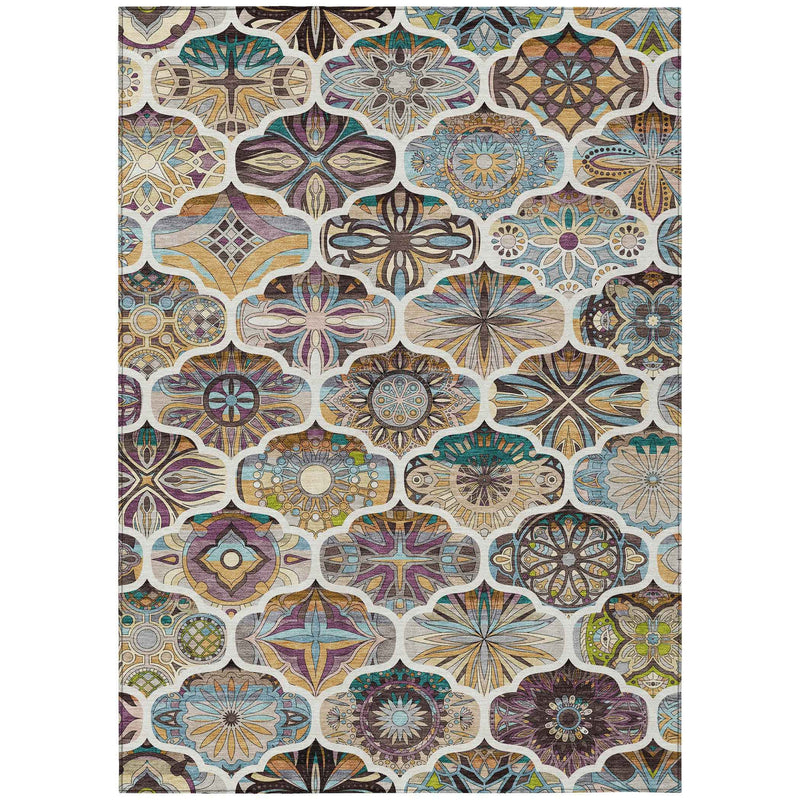 3' X 5' Beige Teal Blue And Copper Quatrefoil Washable Indoor Outdoor Area Rug