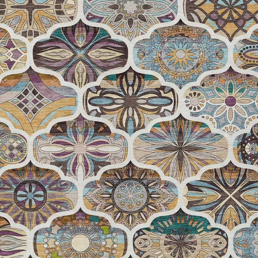 3' X 5' Beige Teal Blue And Copper Quatrefoil Washable Indoor Outdoor Area Rug