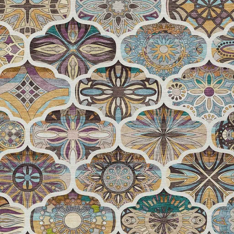 3' X 5' Beige Teal Blue And Copper Quatrefoil Washable Indoor Outdoor Area Rug