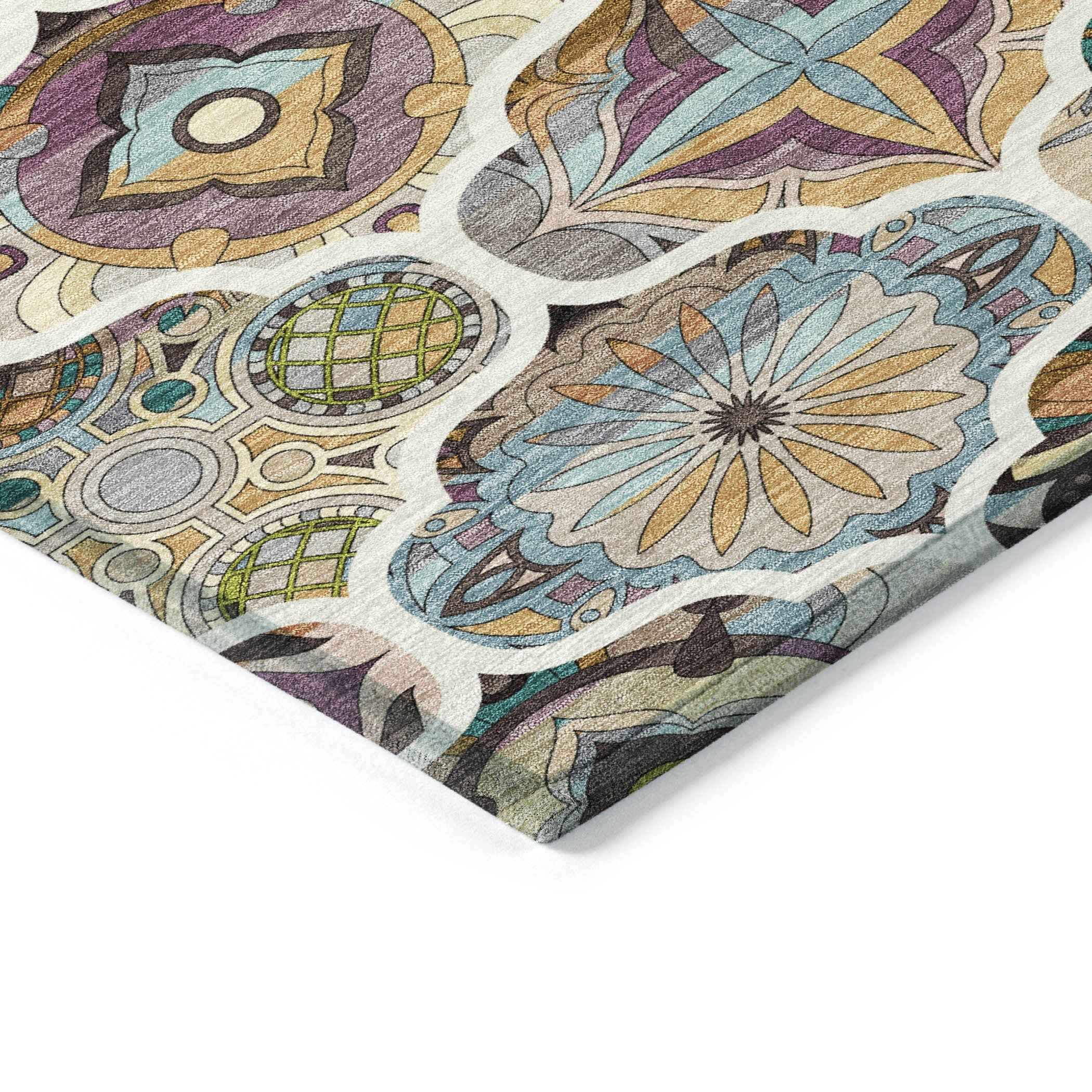 3' X 5' Beige Teal Blue And Copper Quatrefoil Washable Indoor Outdoor Area Rug