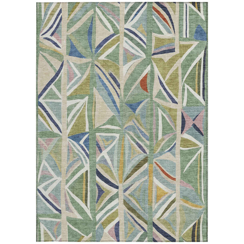 10' X 14' Sage Blue And Ivory Geometric Washable Indoor Outdoor Area Rug
