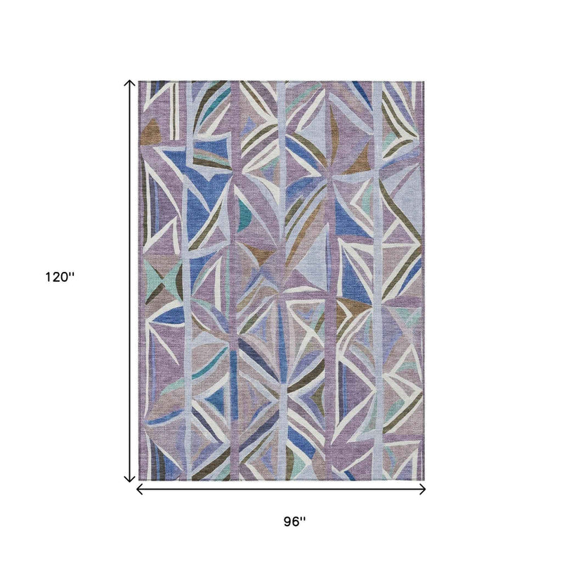 8' X 10' Lavender Ivory And Blue Geometric Washable Indoor Outdoor Area Rug