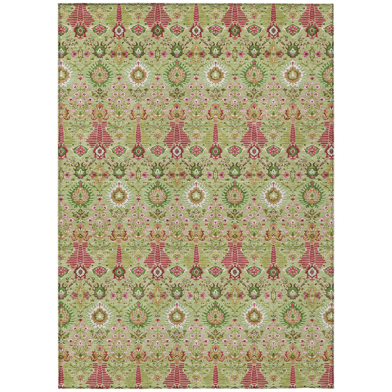 10' X 14' Artichoke Green And Blush Floral Washable Indoor Outdoor Area Rug