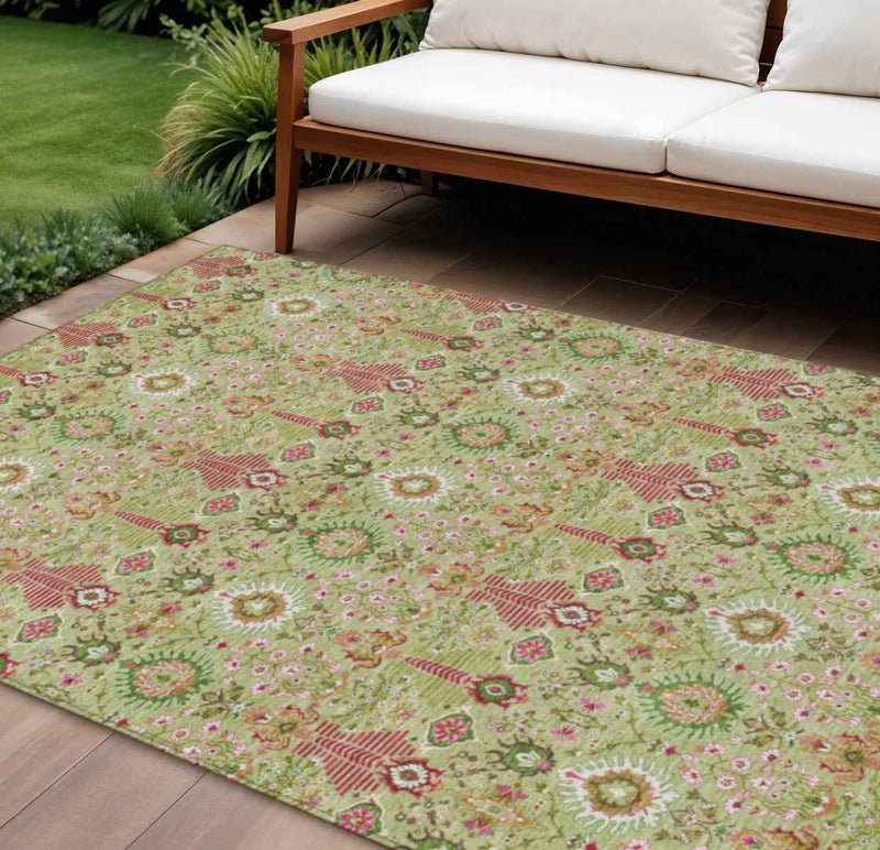 10' X 14' Artichoke Green And Blush Floral Washable Indoor Outdoor Area Rug