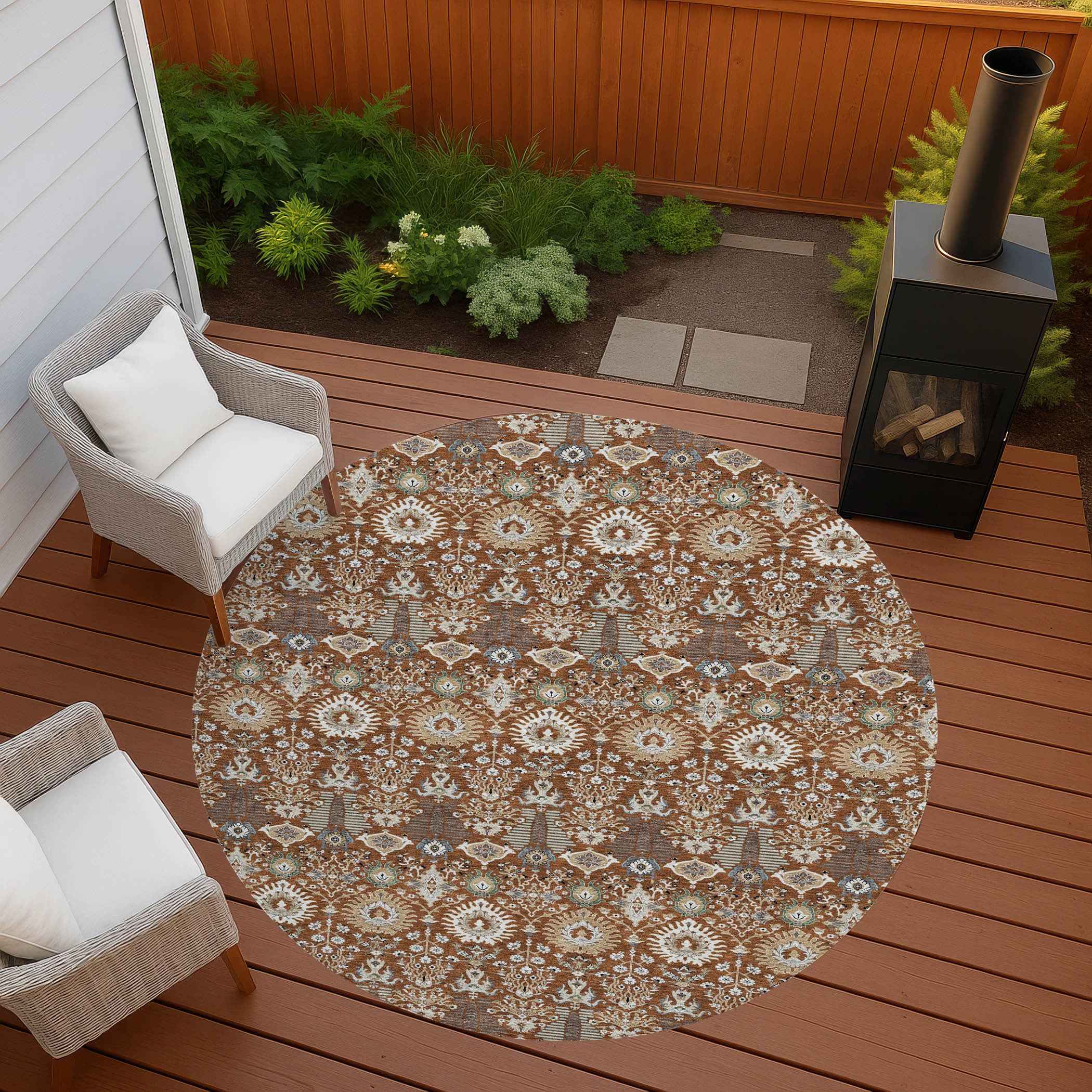 8' Rust And Ivory Round Floral Washable Indoor Outdoor Area Rug