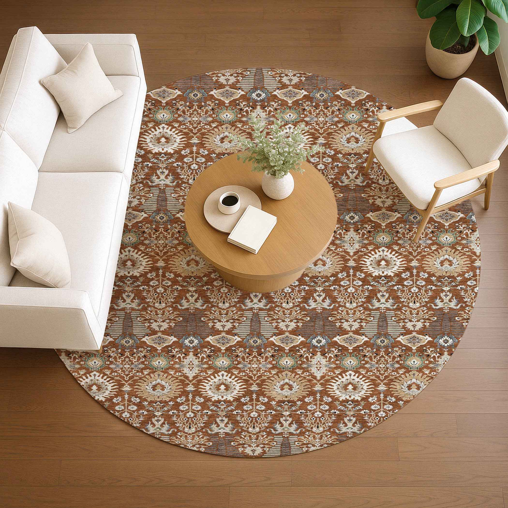 8' Rust And Ivory Round Floral Washable Indoor Outdoor Area Rug