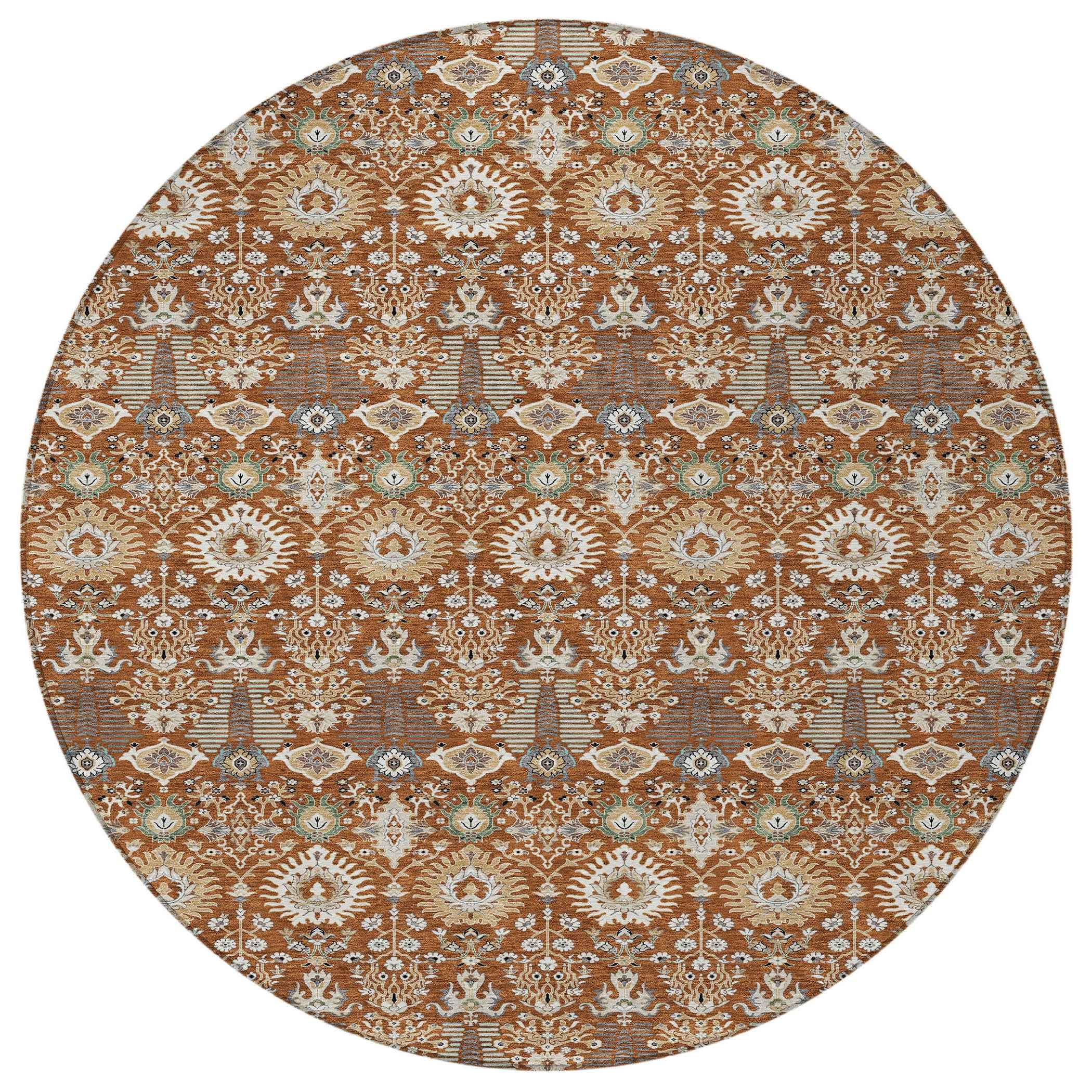 8' Rust And Ivory Round Floral Washable Indoor Outdoor Area Rug