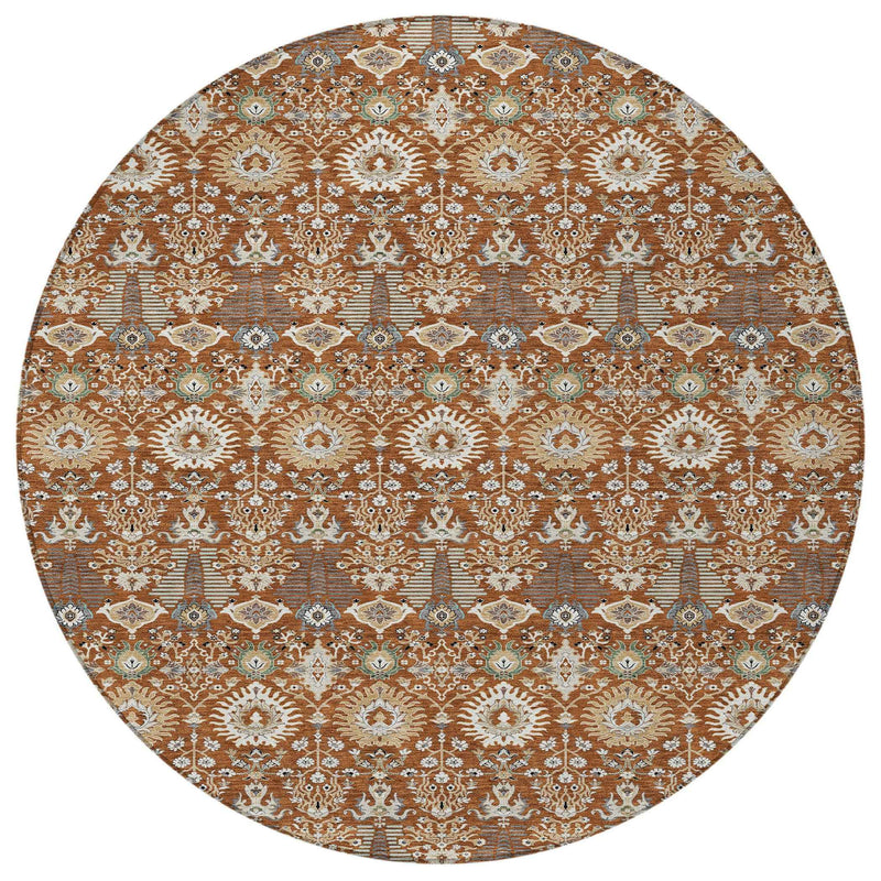8' Rust And Ivory Round Floral Washable Indoor Outdoor Area Rug