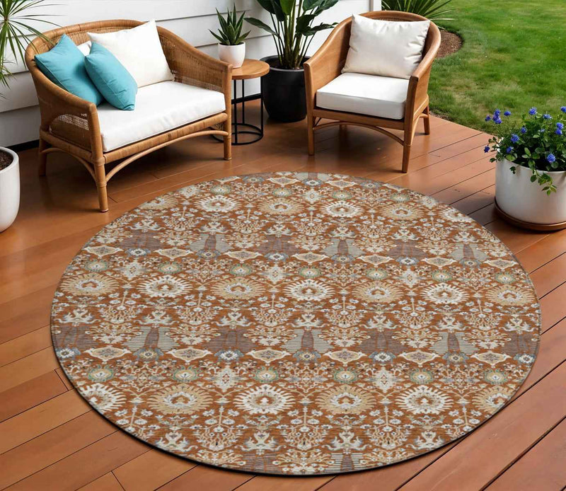 8' Rust And Ivory Round Floral Washable Indoor Outdoor Area Rug