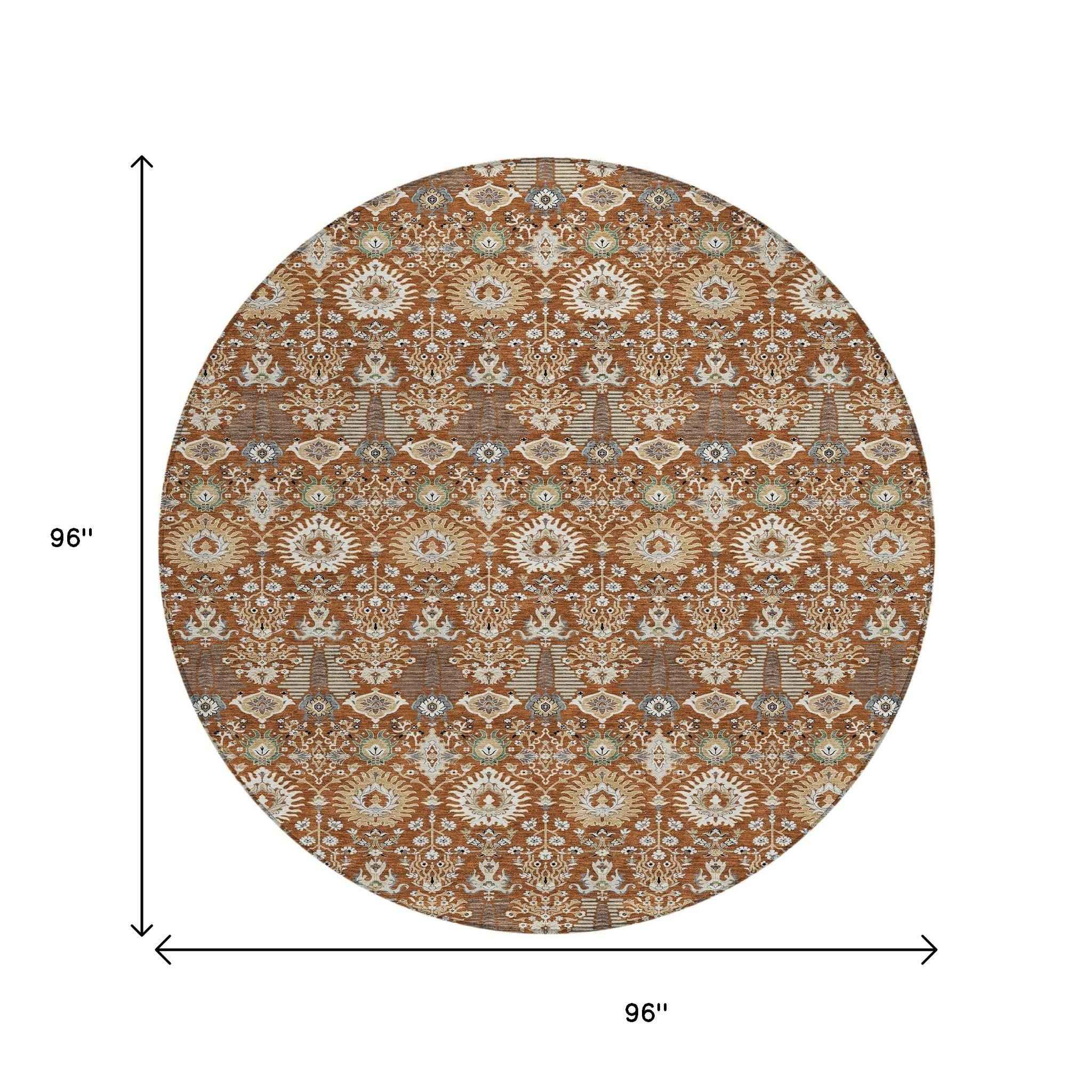 8' Rust And Ivory Round Floral Washable Indoor Outdoor Area Rug