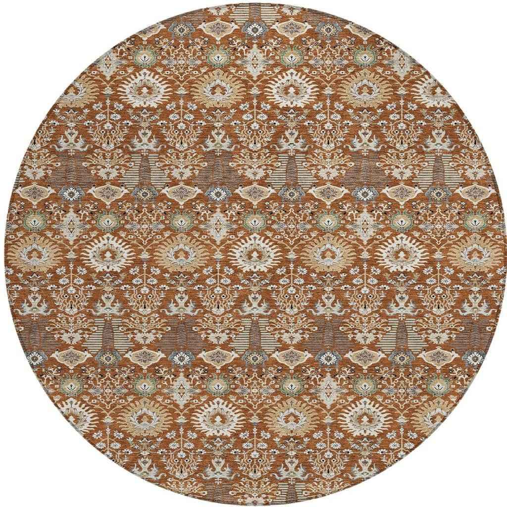 8' Rust And Ivory Round Floral Washable Indoor Outdoor Area Rug